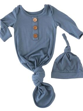 Solid Dusty Blue Bamboo Baby Knot Gown & Hat